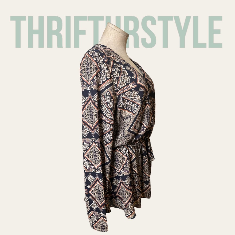 fab'rik Navy‎ Blue Geometric Print Long Sleeve Romper Boho V-Neck Small - Picture 5 of 9